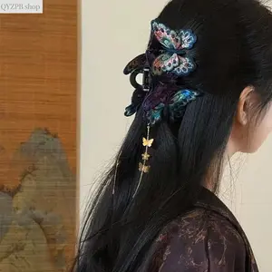 Vintage Embroidered Butterfly Claw Clip for Women, Elegant Tassel Hair Clip, Fairycore French Twist Shark Clip, Retro Chinese Style Updo Hair Accessory for Daily Wear, Parties & Weddings