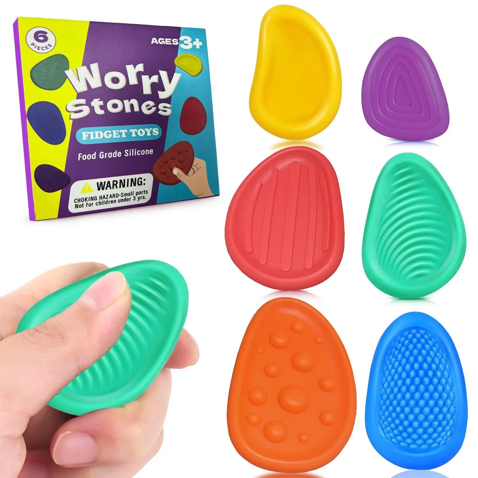 Colorful Fidget Sensory Toy Set, 6 Pcs/Box Soft Worry Stones for Autism Calming, Creative Stress Relief Toys for Students, Sensory Grippie Set, Calming Sensory Tools, Sensory Fidgets
