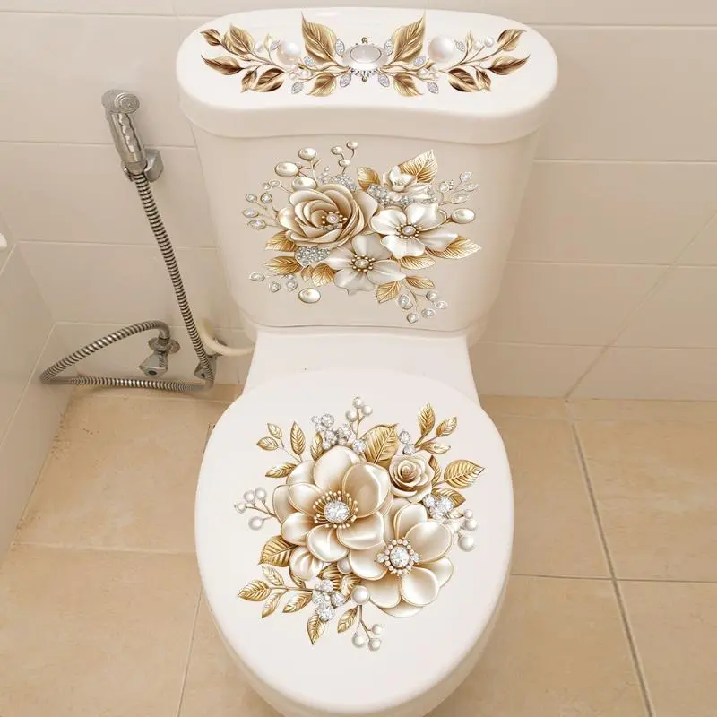 3-Piece Bathroom Toilet Tank Stickers Set, Floral PVC Self-Adhesive Decorative Decals, Matte Finish Irregular Shape Luxury Design, Bathroom Essentials Accessories