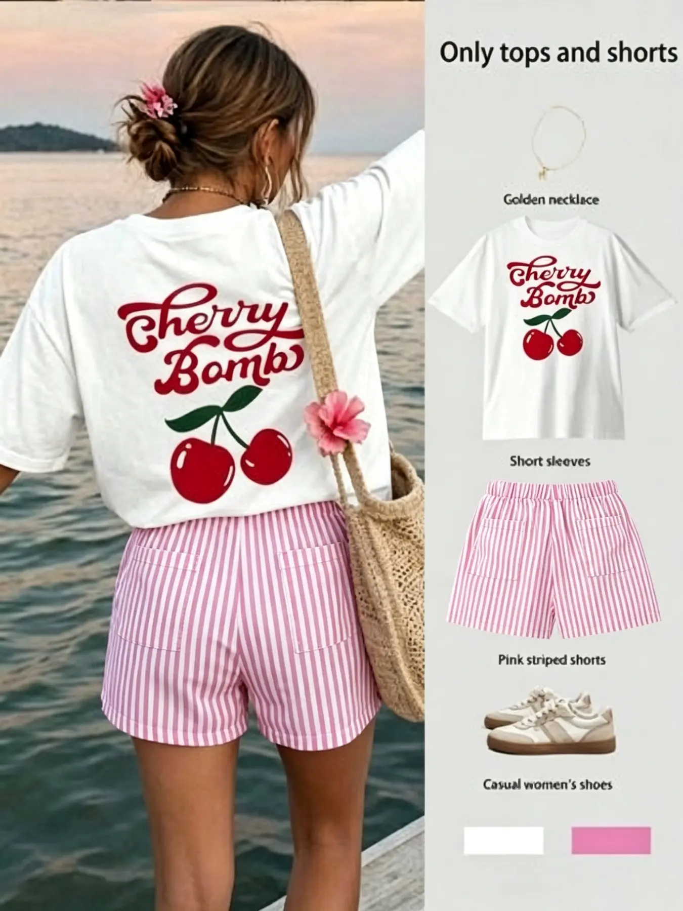 Women's 2-Piece Set: "Cherry Bomb" Cherry-Print T-Shirt + Pink & White Striped Shorts — A Cute, Casual, Fruit-Themed Two-Piece Outfit Perfect for Beach Vacations & Summer Wear Clothes
