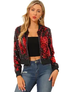 INSPIRE CHIC Sequin Jacket Long Sleeve Zipper Up Party Glitter Shimmering Bomber Sparkly Jackets