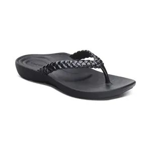 Aetrex Vicki Braided Thong Sandal - Black Gloss | Arch Support Sandals for Foot Pain Relief & All-Day Comfort | Lightweight Walking Flip Flops