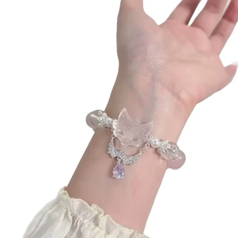 Sports Wristband Bangle - Dainty Pink-White Beaded, Animal Fox Pendant Bead, Whimsical Unique Accessory for Casual Wear, Theme Parties