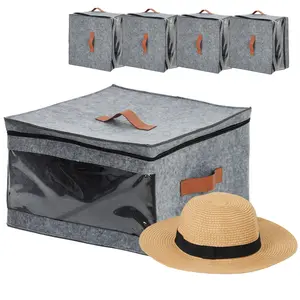 4 Pack Square Felt Hat Storage Box, Foldable Travel Closet Organizer for Cowboy Hats, Wide Brim Caps, Stuffed Animals & Toys, Large Capacity Stackable Carrier Case (Gray)