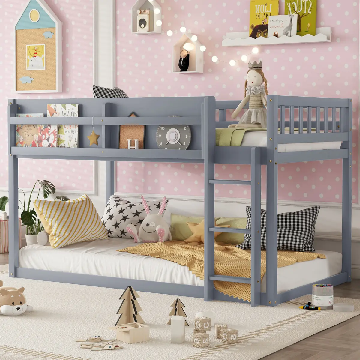 Low Bunk Bed Twin Over Twin Size Floor Bunk Bed with Ladder, Solid Wood Twin Bunk Bed