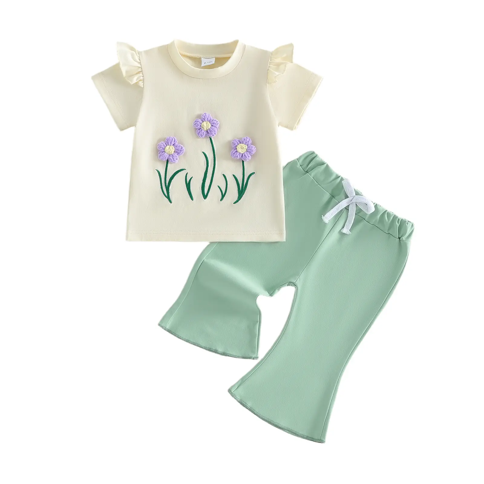 [Lullaby] Kids Girl Summer Outfits Flower Embroidery Short Sleeves T-Shirt and Elastic Flare Pants Cute 2 Piece Clothes