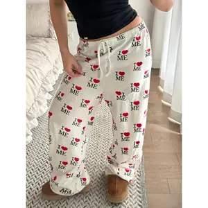 Women's Letter & Heart Print Drawstring Waist Sweatpants, Casual Comfy Straight Leg Trousers for Daily Wear, Ladies Bottoms for All Seasons, Womenswear