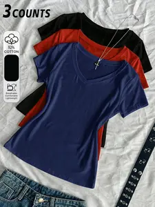 Women's Summer V-Neck Slim Fit T-Shirt, Comfortable Cotton Casual Tee Solid Color Basic Minimalist V-Neck Short Sleeve Top, Casual Fashion Essential
