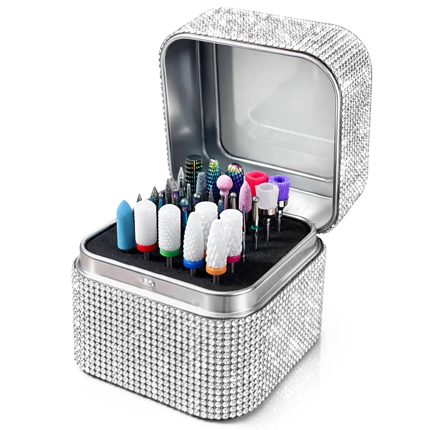 30 Holes Silver Rhinestone Nail Drill Bit Holder Organizer with Dustproof Cover - Sparkly Efile Bit Storage Case for Salon, Travel & Home