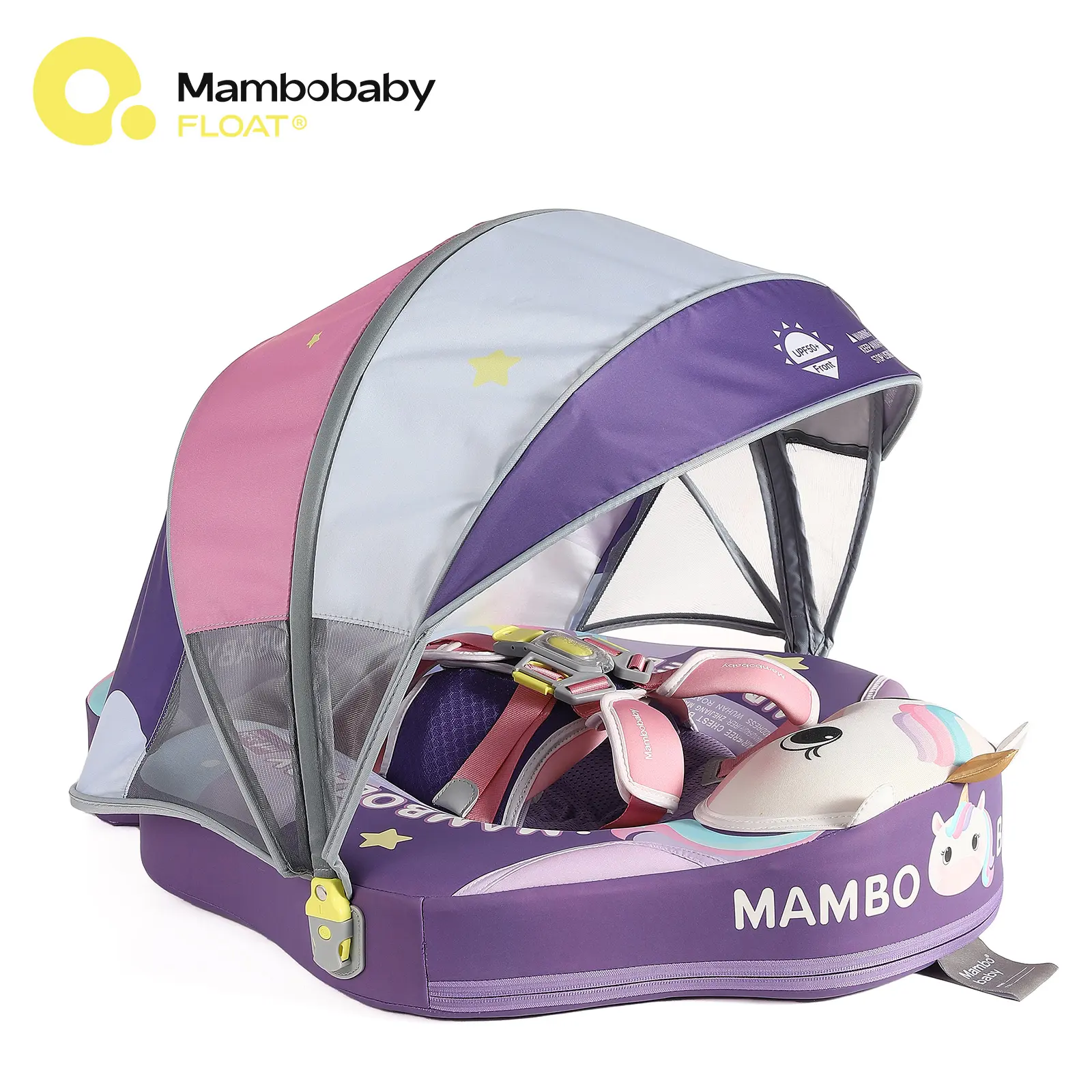 Mambobaby Non-Inflatable Rainbow Unicorn Baby Swim Float with Detachable Canopy, UPF 50+ Sun Protection, 5-Point Safety System, for Babies 3-24 Months