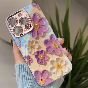 Labzone for iPhone 16 Pro Max Case, Floral with Camera Lens Protector, IP16 Plus,14,15,15 Plus,15 Pro Max,purple, Vibrant Flowers Oil Painting Design Protection,  Phone Cover 6.1',Lens Full Coverage High-End Anti-Fall, for Women Girls Flash Diamond case