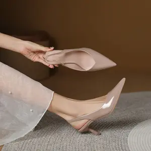 Women's Khaki Patent Leather Kitten Heels, Pointed Toe Slingback Pumps, 2.9 Inch Heel, Easy On/Off Elastic Strap, Classic Office Party Dress Shoes