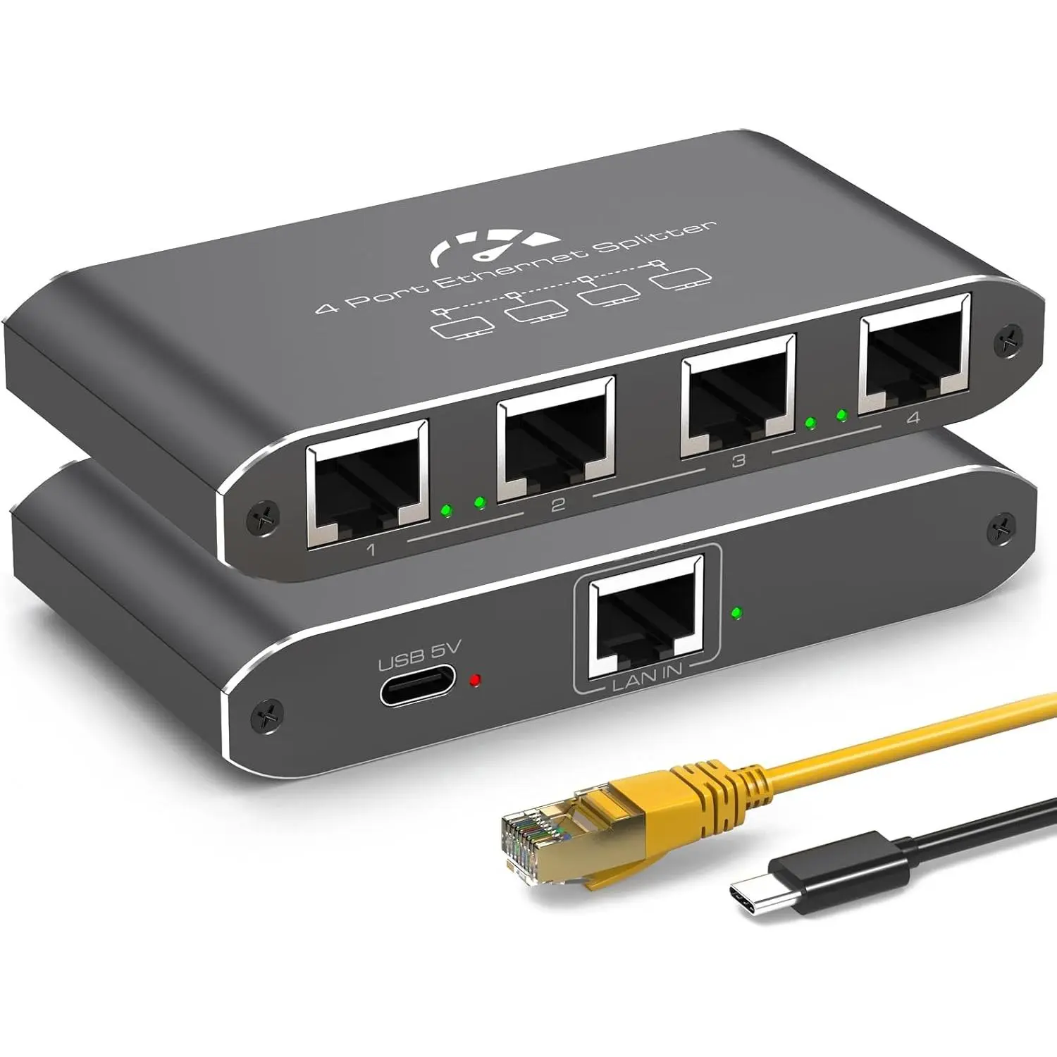 Ethernet Splitter 1 to 4 1000Mbps High Speed Internet Splitter, Gigabit Network Splitter with an Ethernet Cable and a USB Power Cable, 1 in 4 Out LAN RJ45 Splitter Work with Cat 6/7/8 Cable