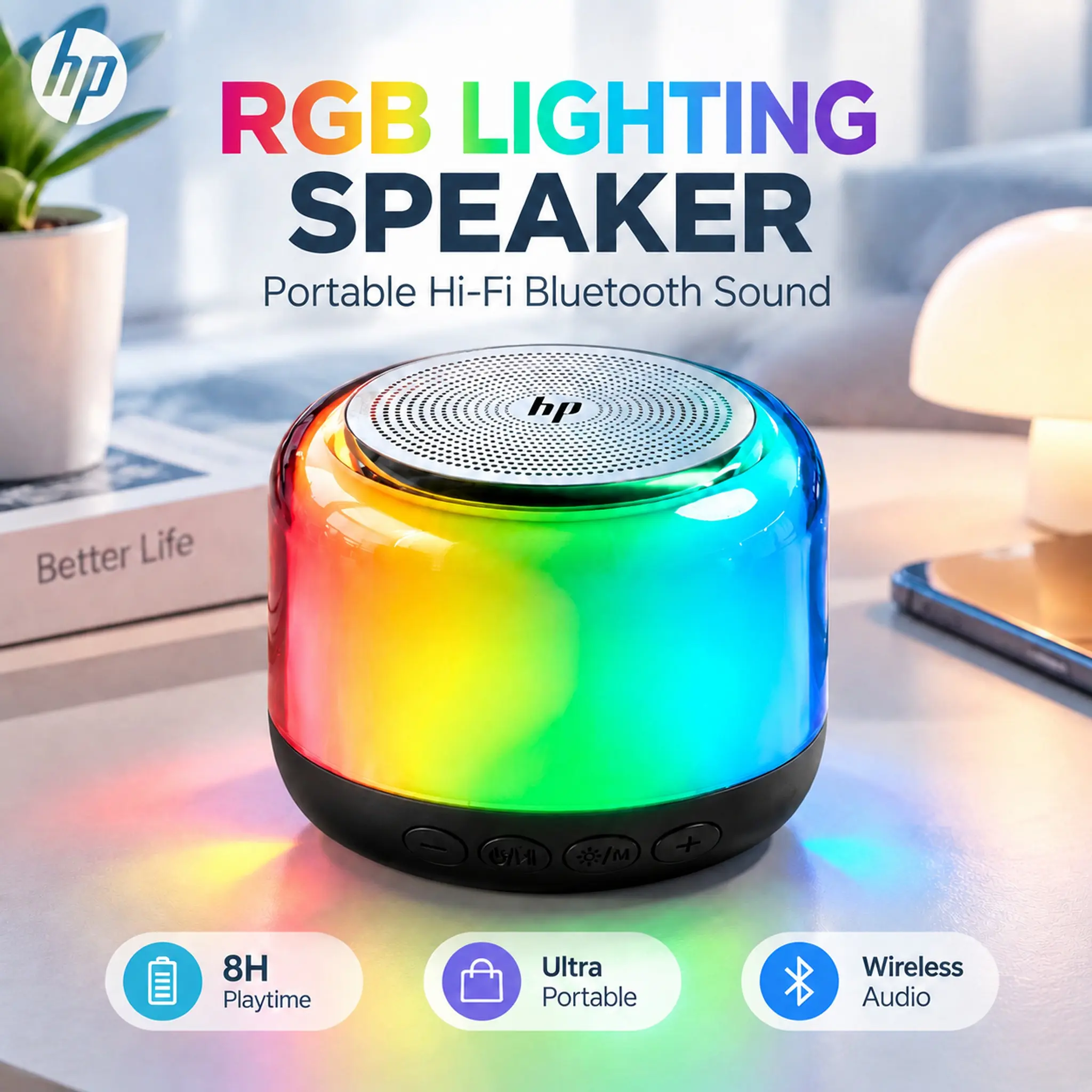 HP Portable Bluetooth Speaker with RGB Lighting, Bluetooth 6.0 Fast Pairing, Built-in Li-ion Battery, 52mm Bass Driver, TWS Stereo for Room-Fill Stereo Sound – for Home & Travel Use