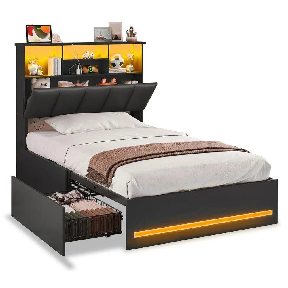 Sikaic Bed Frames with Bookcase Headboard, Wooden Bed Frame with Charging Station, 4 Storage Drawers and LED Lights, LED Bed Frame with Type-C and USB, No Box Spring Needed, Black Summerwins