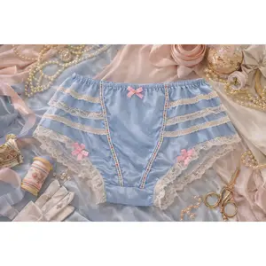 Sophie & Lilly Powder-Blue Satin Bloomers Vintage Lace Trim High-Waisted Lingerie with Pink Bows and Cream Lace Bands for Retro Aesthetics - Womenswear
