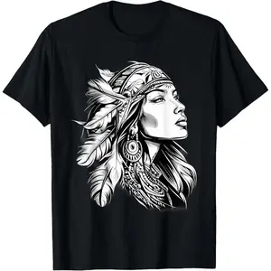 Menswear Crewneck Short-Sleeve T-Shirt, Natural Fabric, Native American Indian Tribe Girl Feather Headdress Print, Streetwear Style