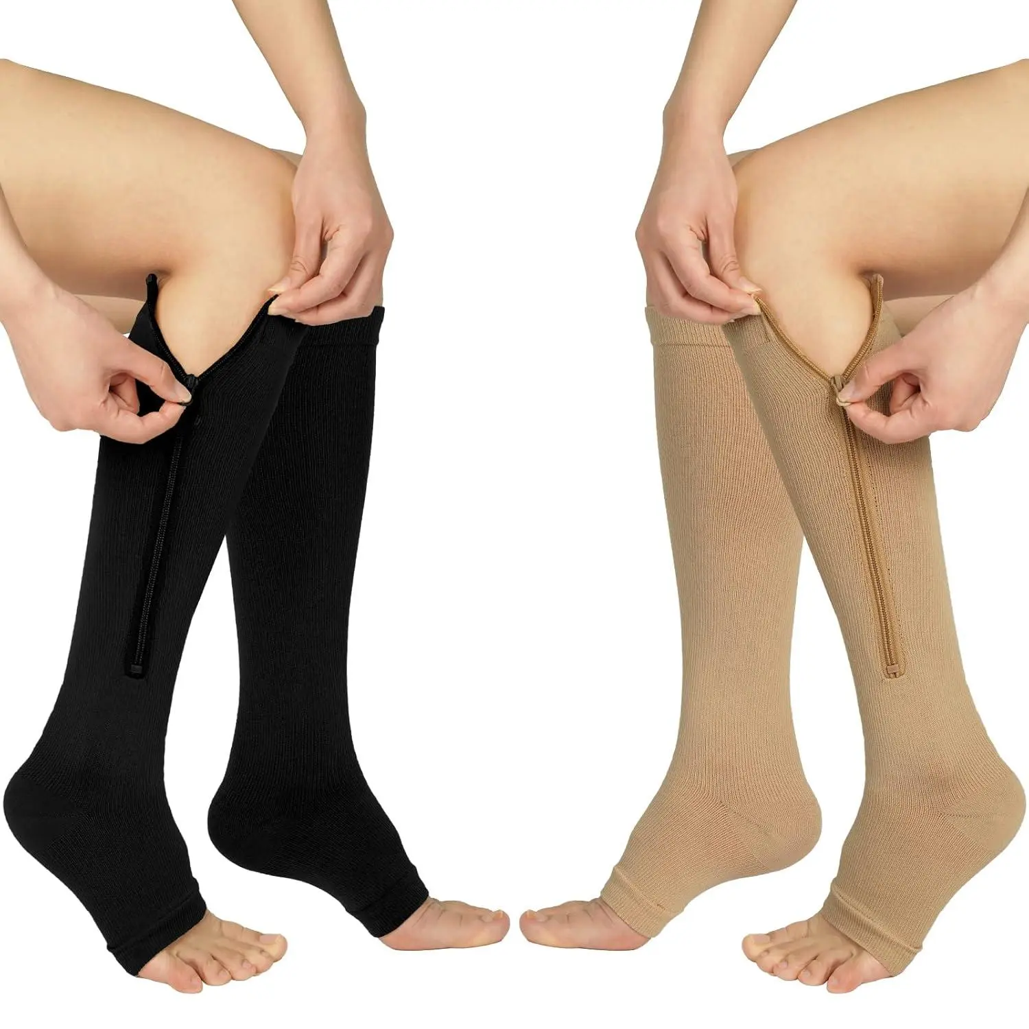 2Pairs Zipper Compression Socks, 20-30mmHgOpen Toe Knee High Zipper Compression Socks for Walking, Varicose Vein Care