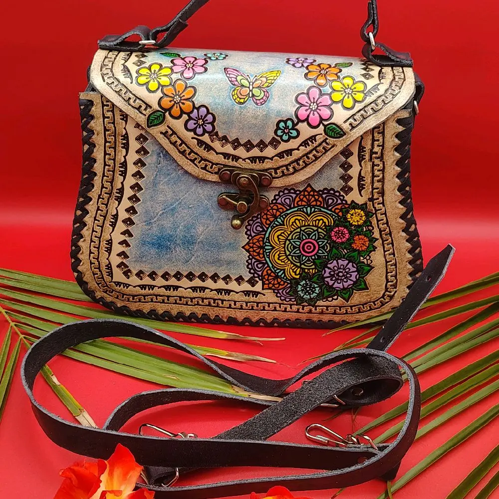 Hand-Painted Natural Leather Bag, Mexican Art Design
