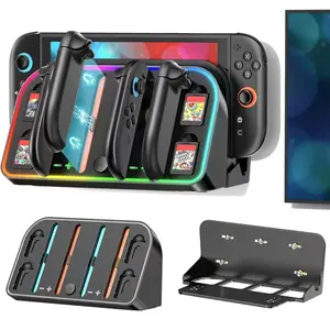 EOWULFROST Joycon 2 Wall Mount Charging, RGB Lighted Charger Station with 4 Game Storage Holders, Nintendo Switch Accessory Organizer