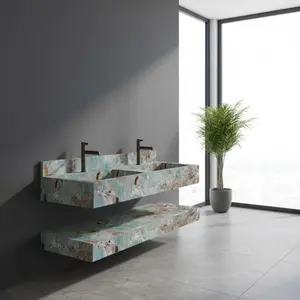 MLF Double Trough Bathroom Vessel Sink - Premium Ceramic Marble Pattern Wash Basin, Wall Hung Floated Bathroom Sink Bowl, Modern Bathroom Sink for Vanity Countertop