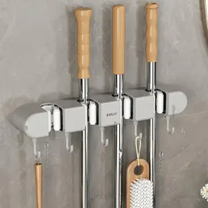 Wall Mounted Mop Holder, 1 Count Punch Free Mop & Broom Holder, Mop Gripper with Hook, Home Organizer for Bathroom Kitchen, Home Space Saver
