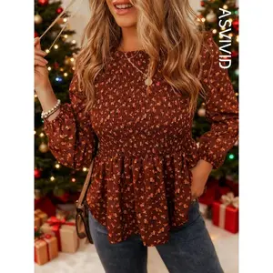 Women's Ditsy Floral Print Peplum Shirred Blouse, Peplum Top, Going Out Tops, Casual Bishop Sleeve Round Neck Top for Daily Wear, Ladies Clothes for Fall