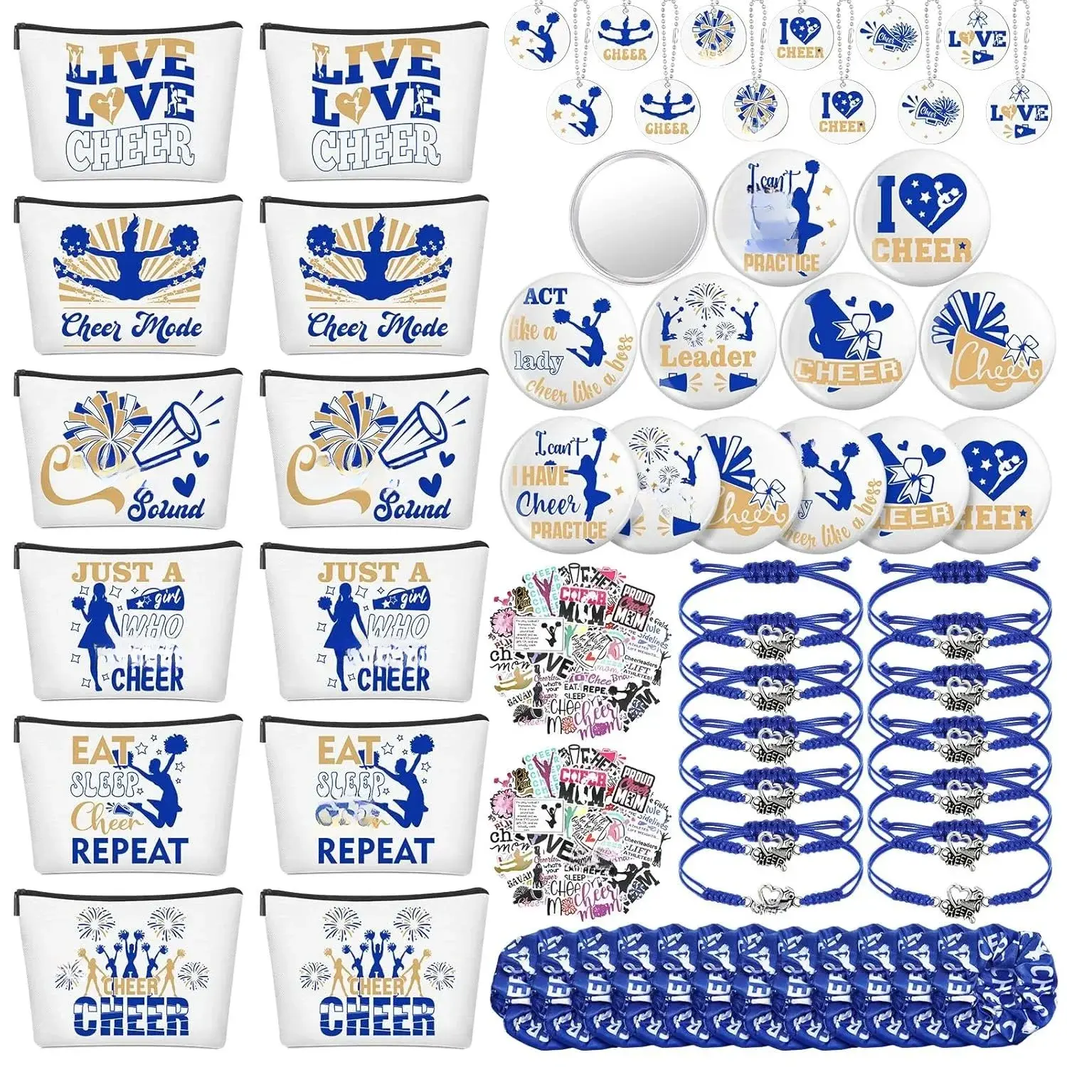 160-Pcs Cheerleader Bulk Fashion Accessory Gift Set - Scrunchies, Hair Ties, 5.91x7.87in Makeup Bag, 2.76in Diameter Mirror, Bracelet, Cheer Keychains, Cheer Stickers - Durable for Sports Parties (Blue)