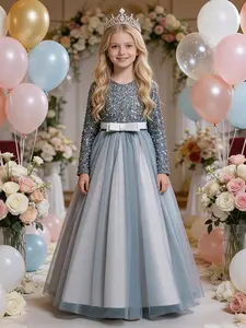 Girls' Glitter Sequin Puffy Dress, Elegant Long Sleeve Tutu Skirt for Parties & Performances, Kids Formal Wear for All Seasons