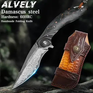 ALVELY Men's Tactical EDC Pocket Knife, Handmade Damascus Steel Folding Pocket Knife with Leather Case, Liner Lock and Charcoal Handle, Pocket Clip, Mountaineering Travel Camping Knife, Rescue Adventure Outdoor Suitable for Carrying
