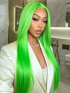 28" Lime Neon Green Lace Front Wig Long Straight Heat-Resistant Synthetic Hair 13x4 HD Transparent Lace Pre-Plucked Hairline Free Parting Bold Glam Cosplay Look