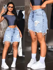 Women's Pocket Ripped Frayed Hem Casual Denim Shorts Womenswear Bottom