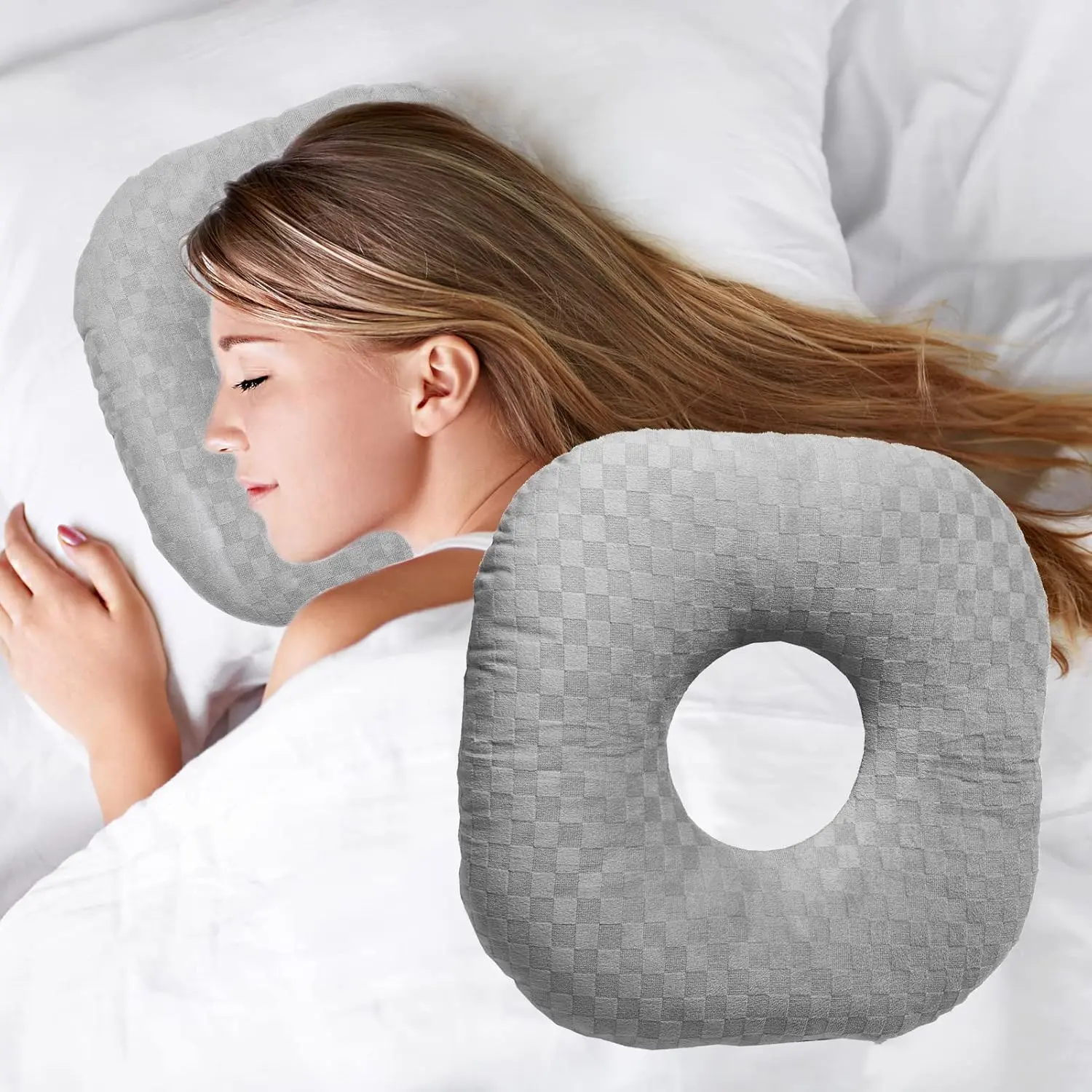 Ear Piercing Pillow for Side Sleepers with an Ear Hole for CNH and Ear Pain Cotton O-Shaped Side Sleeping Pillow, Ear Guard Pillow