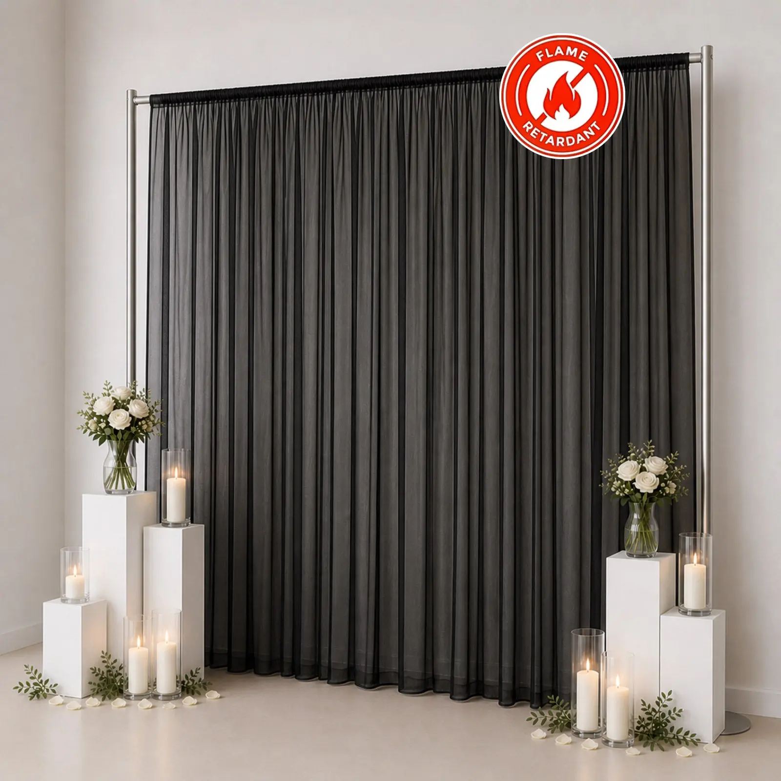 10ft x 12ft Chiffon Backdrop Curtain Panel - Black Durable Flame-Resistant Sheer Chiffon Fabric with Rod Pocket, Ideal for Wedding, Event Venues, Indoor/Outdoor Use