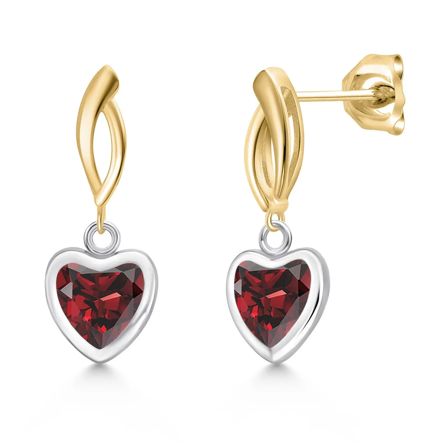 925 Silver and 10K Yellow Gold Red Garnet Dangle Earrings for Women | 2.00 Cttw | Gemstone January Birthstone | Heart Shape 6MM