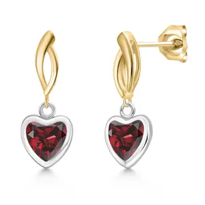 Gem Stone King 925 Silver and 10K Yellow Gold Red Garnet Dangle Earrings for Women | 2.00 Cttw | Gemstone January Birthstone | Heart Shape 6MM