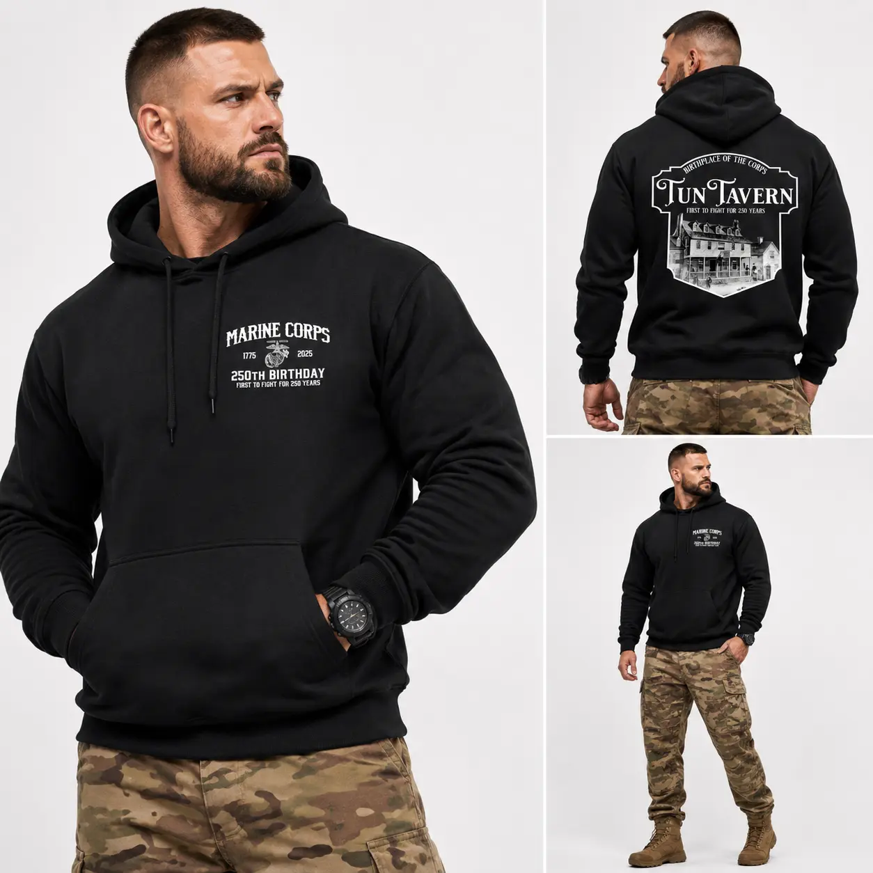 Men's Military-Inspired Hoodie - Marines 250th Birthday Tun Tavern Design, USMC Heritage Menswear Pullover Sweatshirt, Casual Patriotic Tops Gift for Marine Corps Fans
