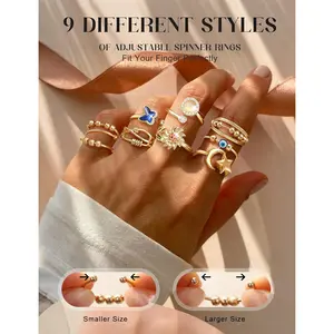 9Pcs Gold Plate Fidget Spinner Rings for Anxiety & Nail Biting Adjustable Open Ring Set Women Stress Relief Cute Jewelry Gift