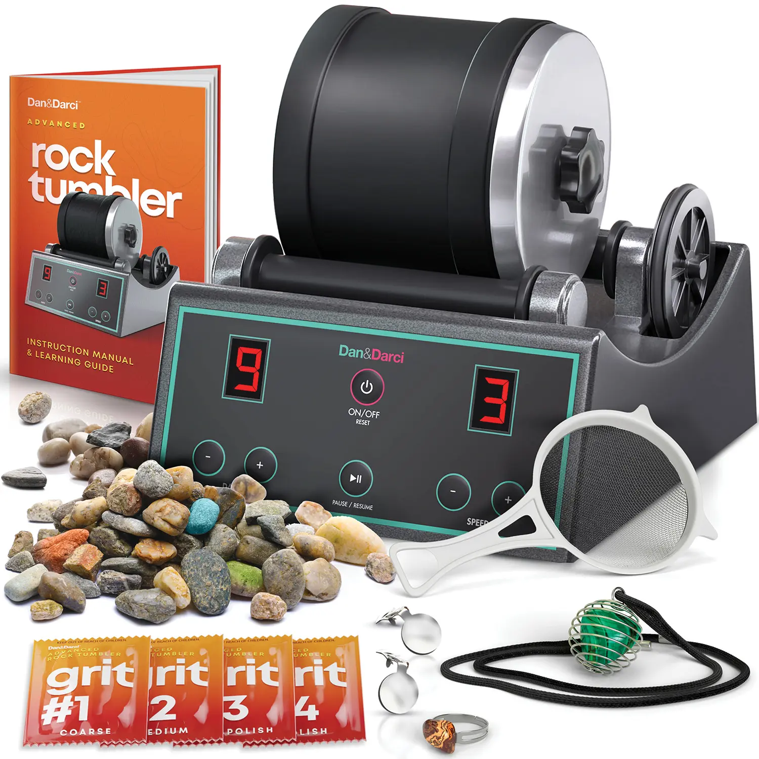 Dan&Darci Advanced Rock Tumbler Kit - Unisex Kids' STEM Learning Toy with 3 Speeds, Timer, Real Gemstones, Jewelry-Making Tools, Collectibles for Hands-On Playful Science & Technology Education