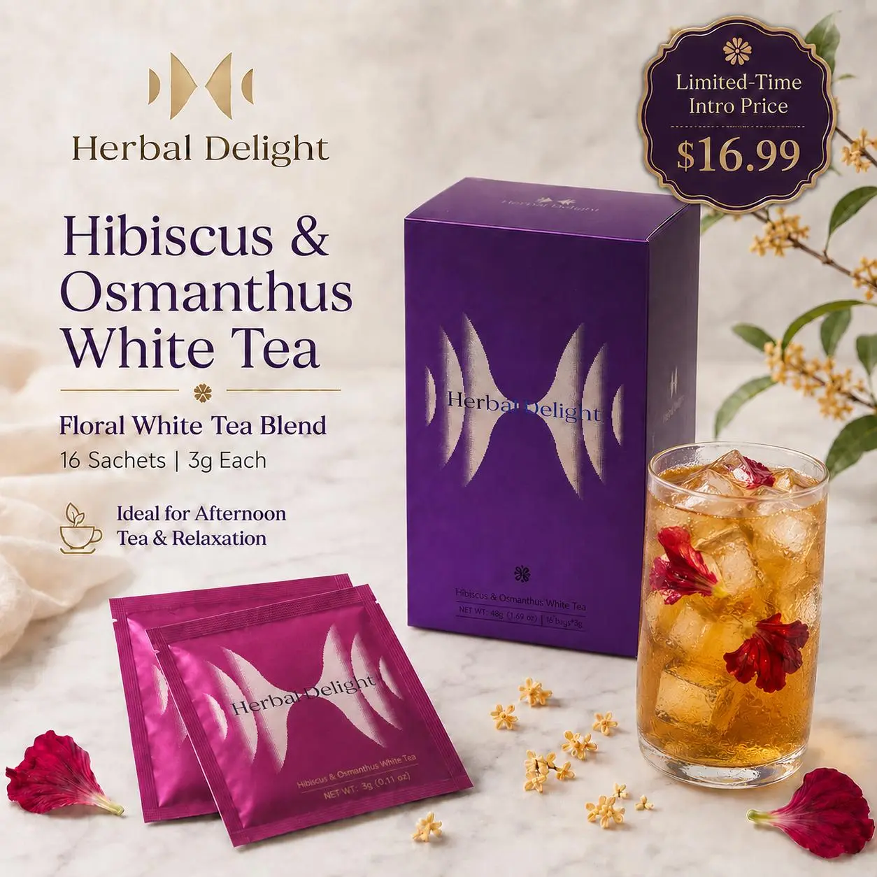 Herbal Delight Hibiscus & Osmanthus White Tea Bags, Floral Blend, 16 Count, 48g