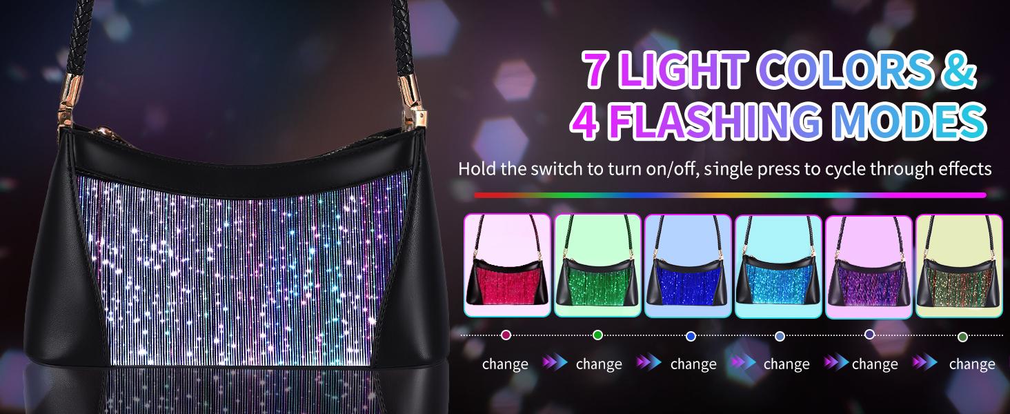 LUMISONATA Light Up Shoulder Bag for Women, LED Fiber Optic Crossbody Purse with seven Colors & four Modes, Glow in The Dark Party Handbag for Club Rave Festival