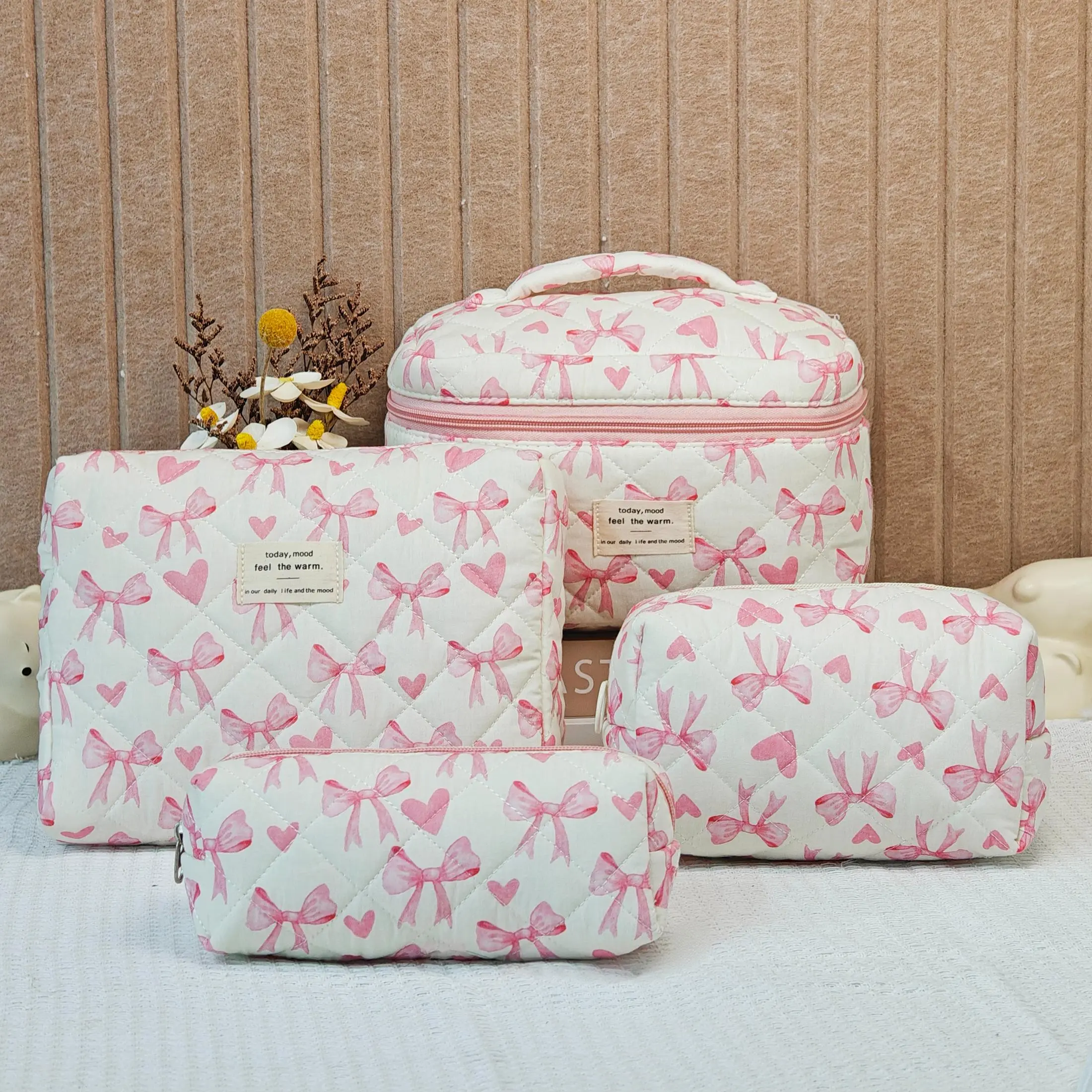 Bow Pattern Makeup Bag Set, 4 Counts/set Durable Large Capacity Travel Cosmetic Storage Bag, Travel Cosmetic Bags, Zipper Makeup Organizer Pouch, Cosmetics Organizer, Versatile Storage Bag for Travel, Gym, Office, Home