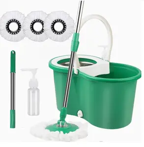 Premium Spin Mop and Bucket Cleaning Set, 360° Rotary Wringer System, 3 Microfiber Mop Heads, Extended Stainless Steel Handle, Green