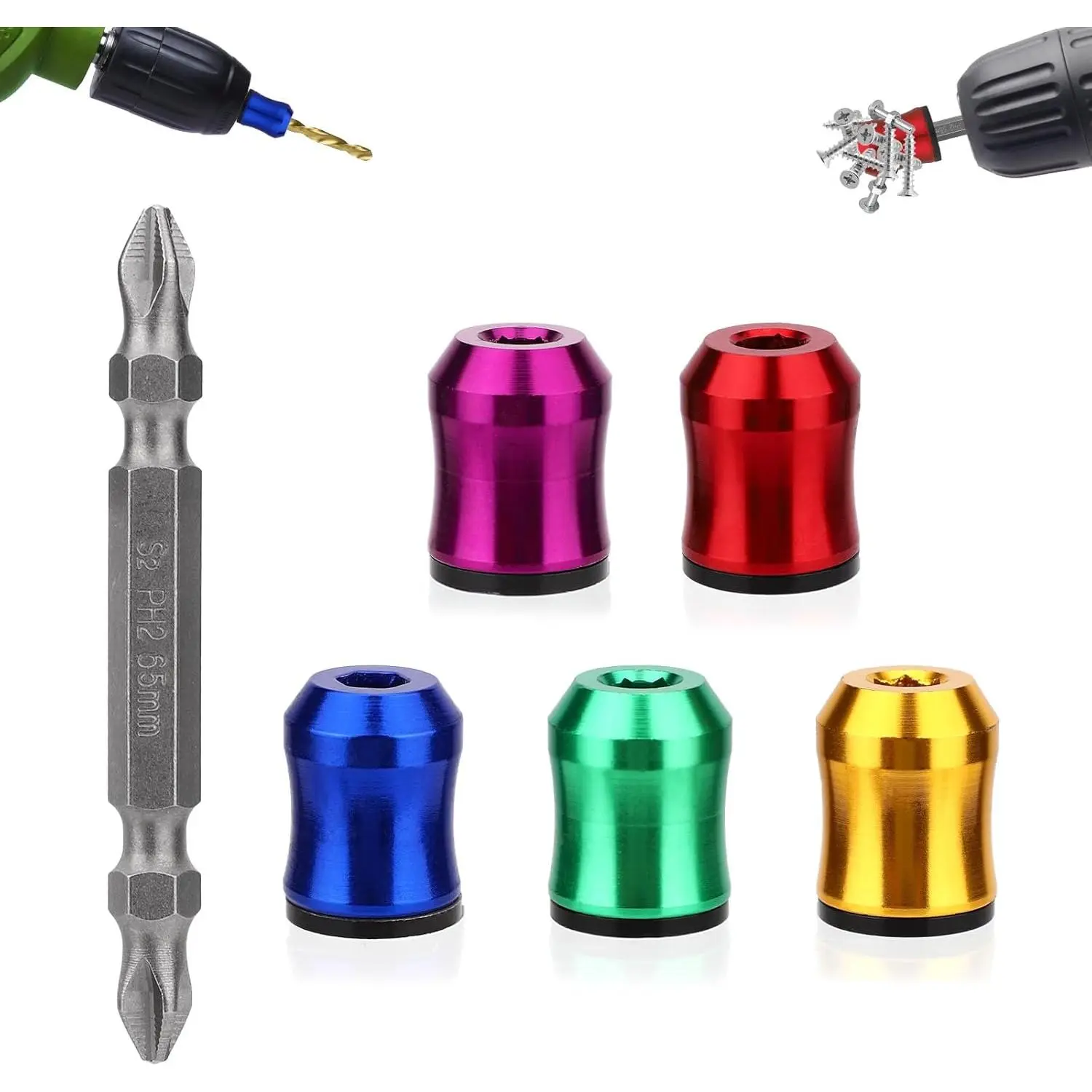 5pcs Aluminum Alloy Magnetic Screw Rings Set 1, Non-Slip Hand Tool Screwdriver Head Holder, Double-Ended Drill Bit Adapter for Home Users, Industrial Installations (Fits Drills)