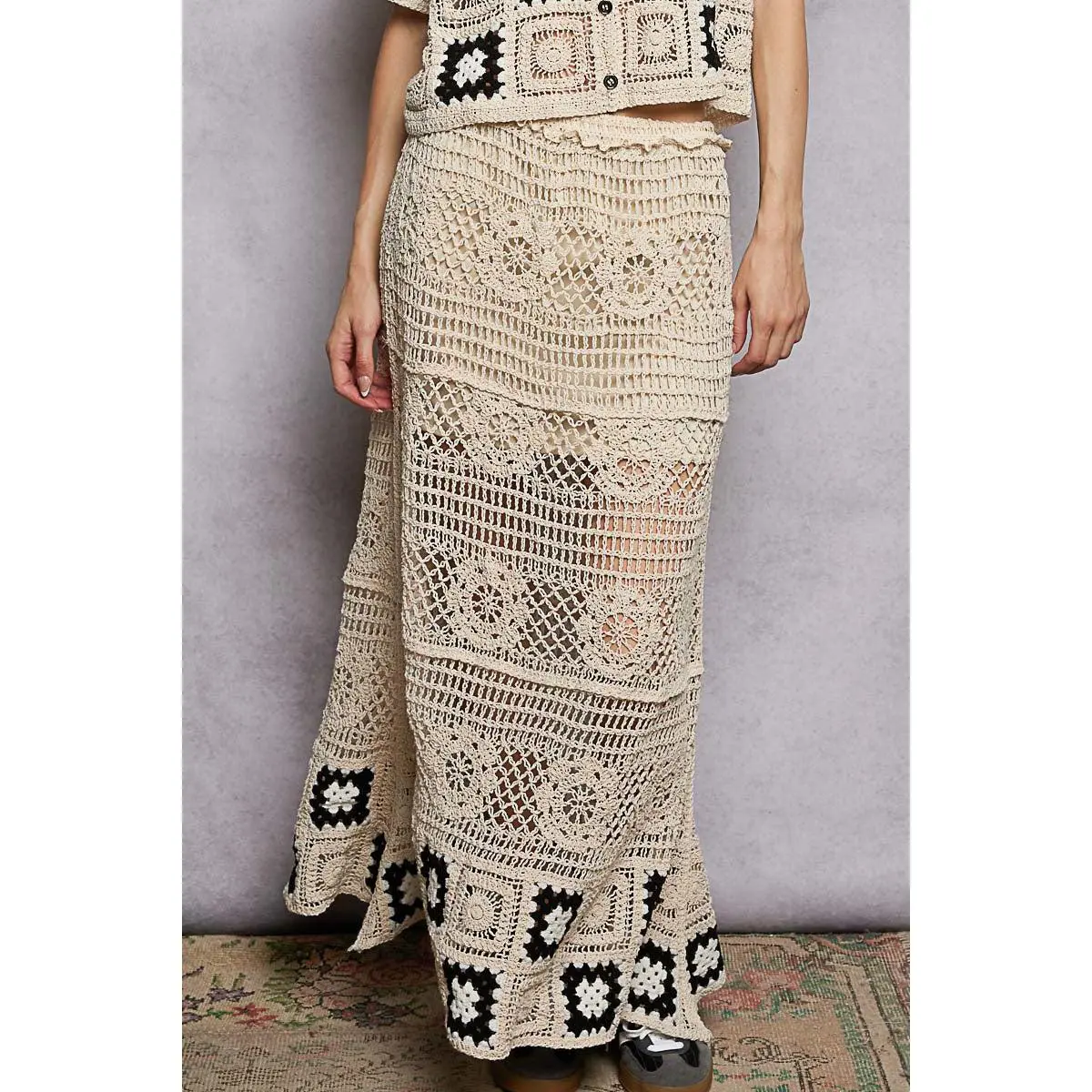 POL Floral Crochet Ruffled Waistband Maxi Skirt with Granny Square Weave