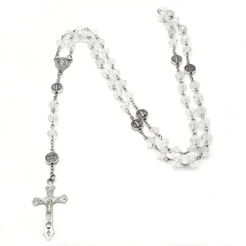 Rosary Bag Charm with Cross Design Pendant, Women's Colorful Crystal Bead Necklace, 52cm Long Alloy Chain, Religious Catholic Gift Accessory, First Communion, Wedding Gift, Crystal Beads, Long Chain, Baptism, Rosary Necklace
