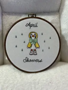 Beginner Friendly Embroidery Kit - April Showers Goose in raincoat (Includes decorative hoop, DMC thread, Pattern on stick n stitch, fabric cut to size, 2 needles, scissors & needle threader)