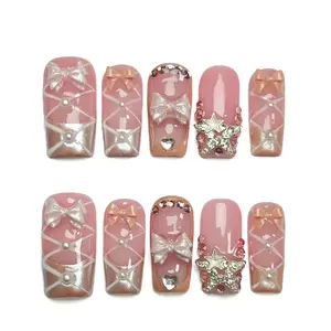 10-Piece Press-On Nail Set, Medium Square Fake Nails, Ballet Shoes Design, Cute Bow, Includes Manicure Tool Kit, Perfect for Women & Girls，Also suitable for parties, New Year celebrations and other occasions.