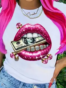 Short-Sleeved T-Shirt with Graphic Prints of Beautiful Lips, Diamonds, Gemstones, And Dollar Signs, Casual Crew Neck Top for Spring And Summer, Women'S Clothing