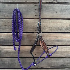 Purple Flower Power Tooled Lariat & Leather Combo Halter